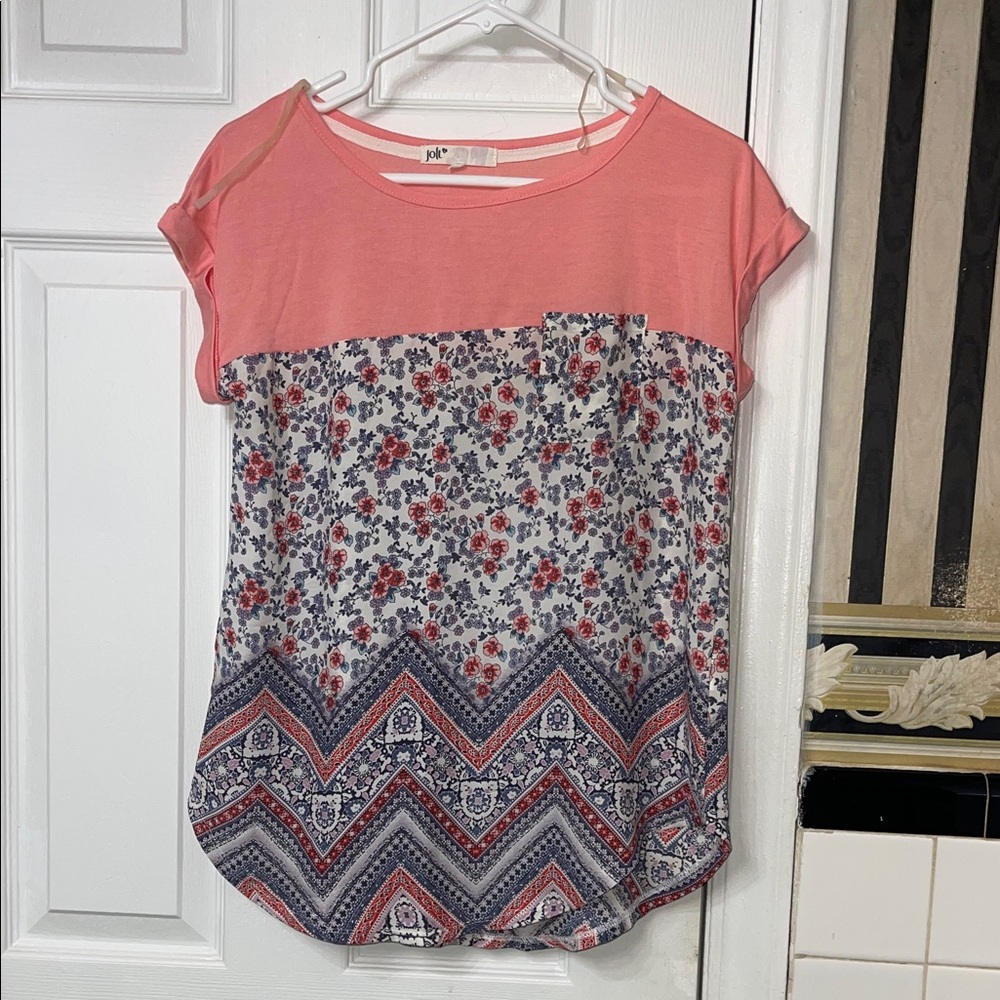 Jolt Pink and Blue Floral Short Sleeve Top